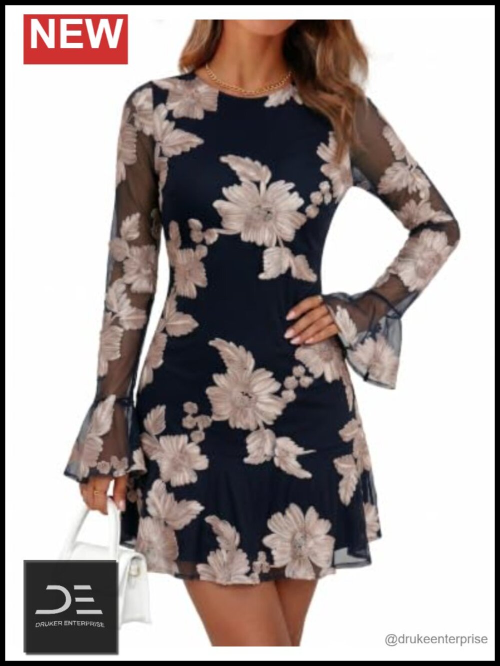 Women's Floral Mesh Bodycon Mini Dress Long Sleeve